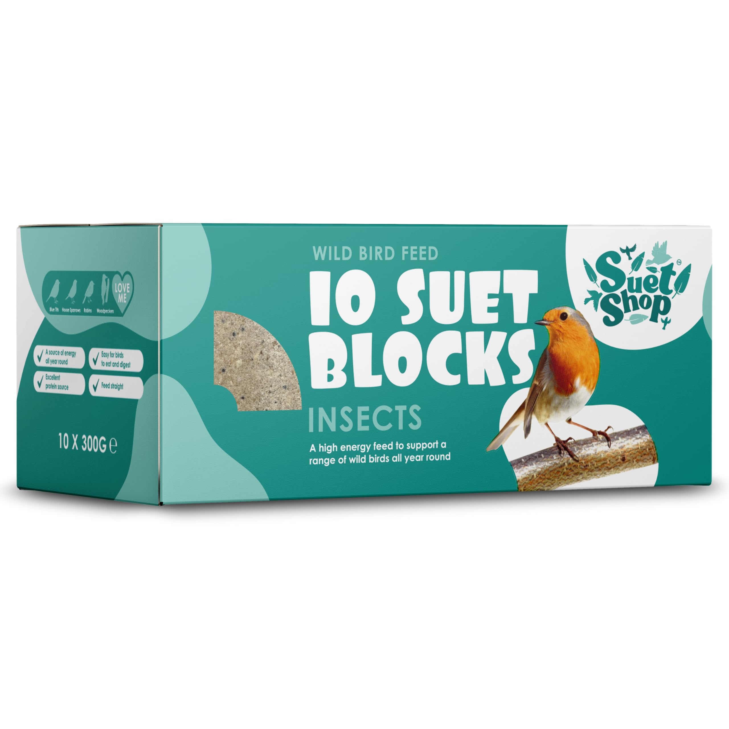 Insect Suet Blocks for Wild Birds, 300g (Pack of 10) - Enriched with Human Grade Beef Tallow, High in Energy & Protein - All-Season Bird Feed - Manufactured In The UK