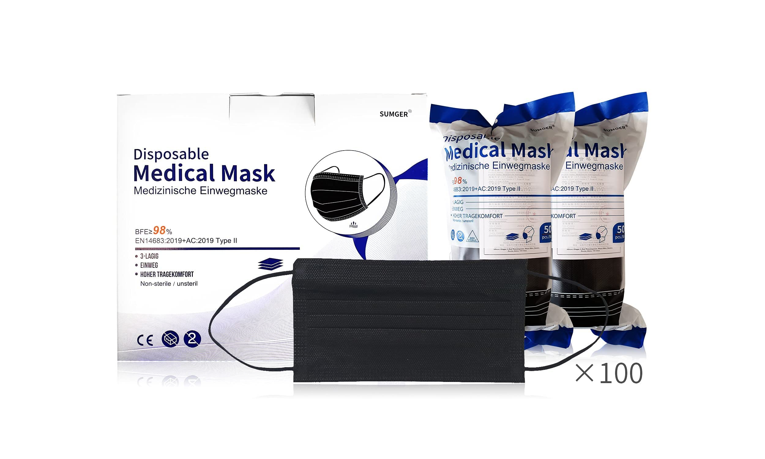 Medical Disposable Face Mask, 50 Units, Multicolor, CE Certified, BFE ≥98%, EN 14683:2019+AC:2019 (Blackx2)
