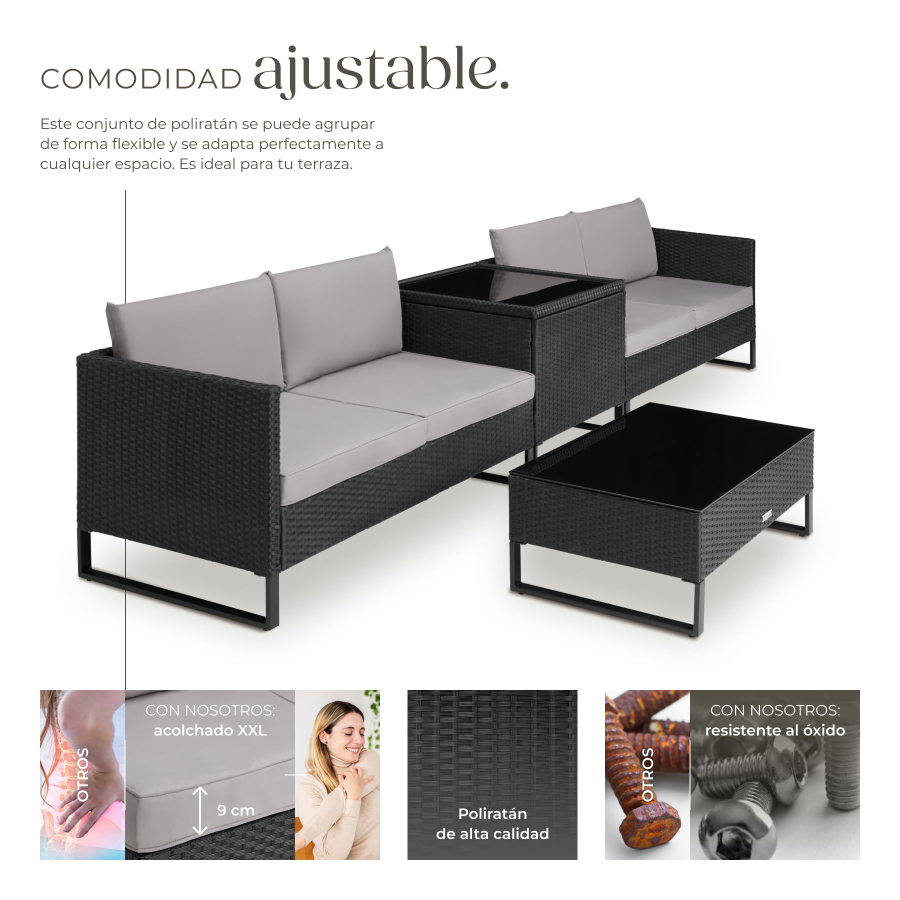 TecTake® Conjunto Jardín de Ratán con Cojines Gruesos, Muebles Jardín Exterior 2 Sofás, 1 Mesa Cristal, 1 Caja Almacenamiento, Conjunto Terraza Resistente a la Intemperie, Estructura en Acero - Negro
