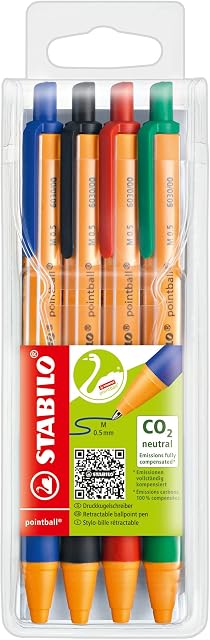 Ballpoint Pen - STABILO pointball - Pack of 4 - Blue, Black, Red Green