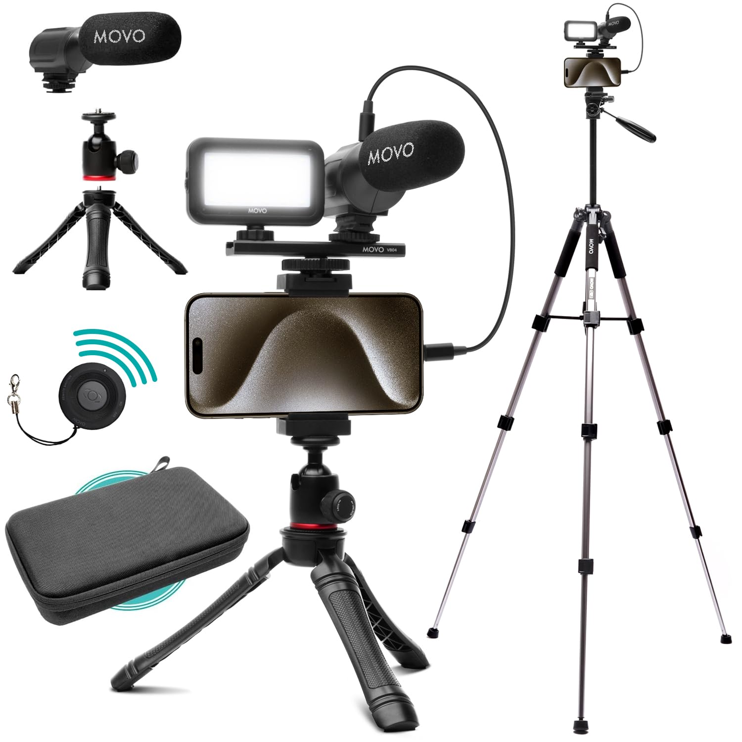 Movo USB-C Vlogging Kit for iPhone 15 with Fullsize Tripod - USB Type-C Compatible Vlog Kit- Accessories: Tripods, Phone Mount, LED Light, Shotgun Mic