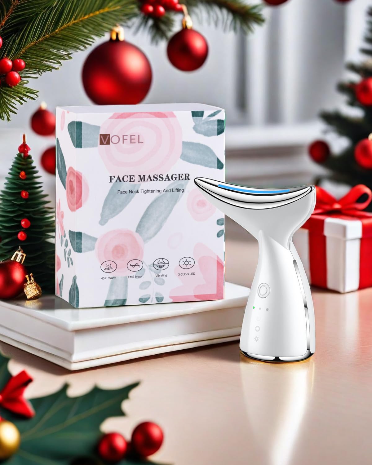 Dispositivo de belleza para rejuvenecimiento de la piel para rostro y cuello Tecnología LED de triple acción térmica y vibración, levanta y aprieta la piel flácida para un aspecto radiante (blanco)