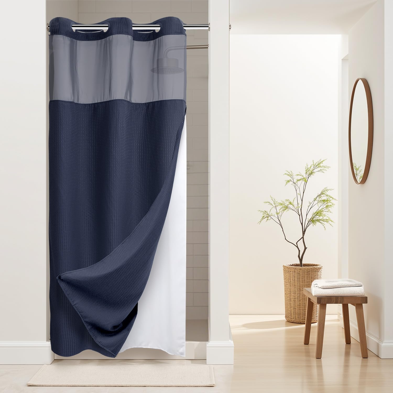 Stall Heavyweight No Hooks Required Dotted Waffle Weave Shower Curtain with Snap in Liner - 36W x 74H,Hotel Grade,Spa Like Bath Curtain,Navy