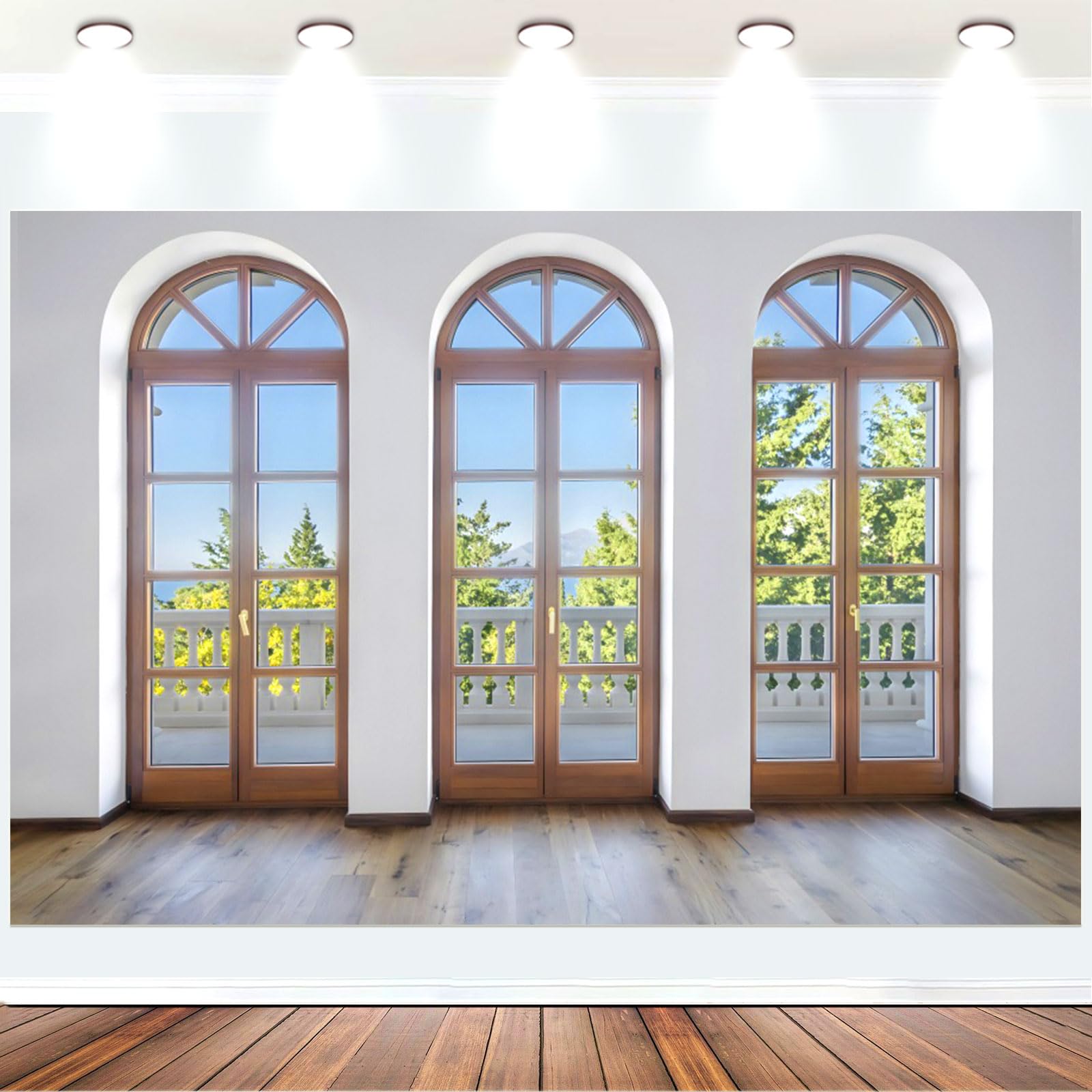 Fabric 10x8ft Interior Room Balcony Photography Background Modern Office Wood Floor Arch French Window Backdrop Empty Room Inside Apartment House