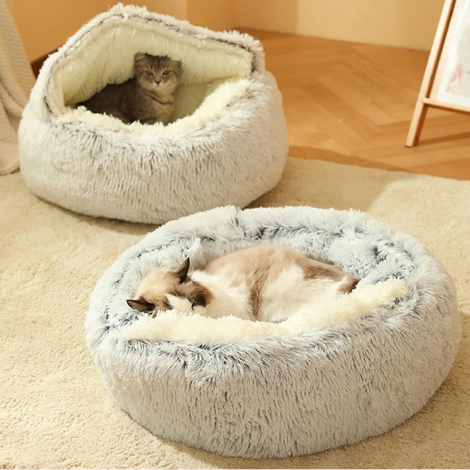 Cat Cave Bed with Hooded Cover, Pet Bed for Small Medium Pets, Calming Bed Dog Bed Fluffy Donut Cat Bed Indoor Kitten Puppy Bed, Cosy Warm Washable Anti-Slip,20in,Gray