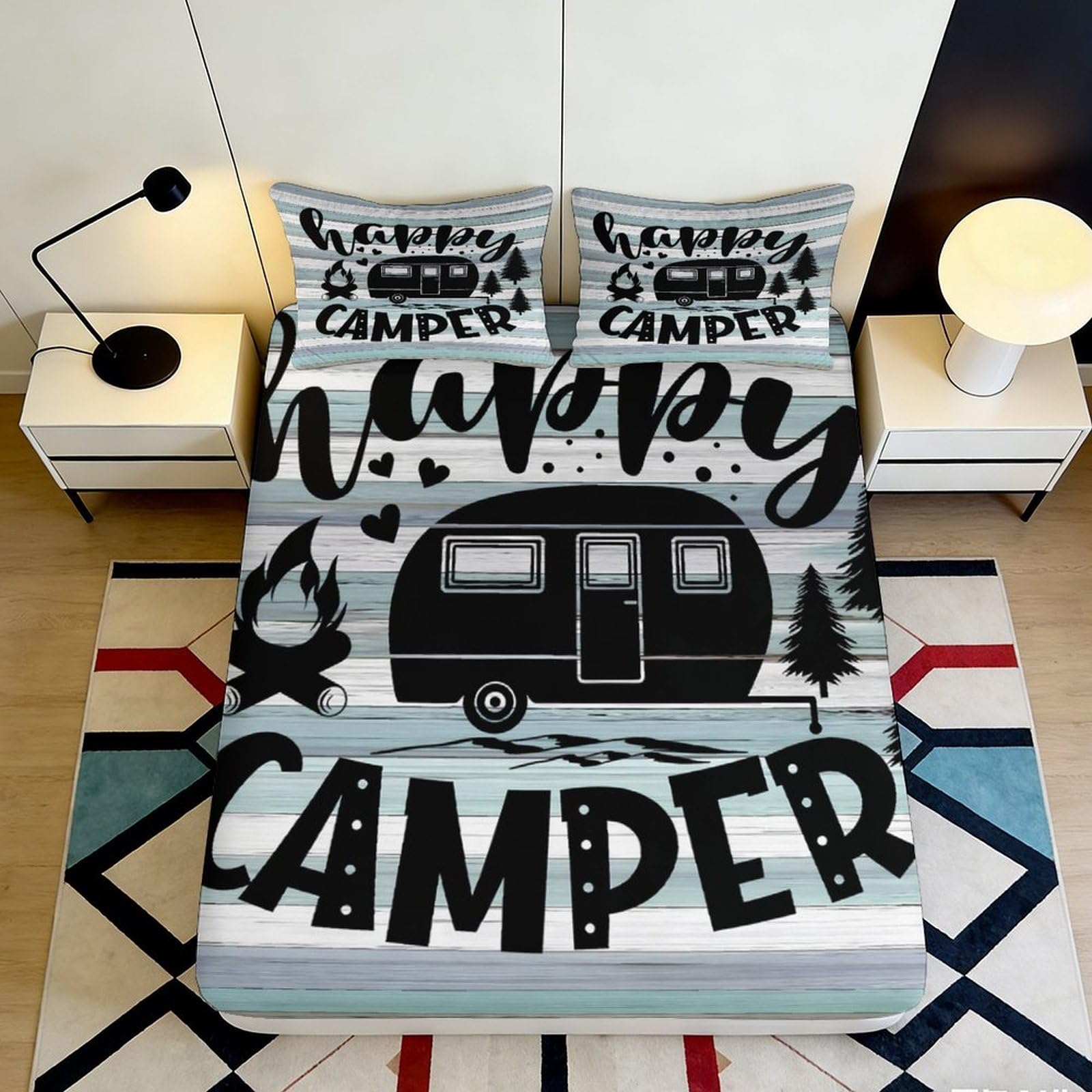 3D Printed Happy Camper Fitted Sheet Microfiber Soft Breathable Camper Design Bed Cover for Bedroom Dormitory Guest Room Mattress Protection 120x200x25cm