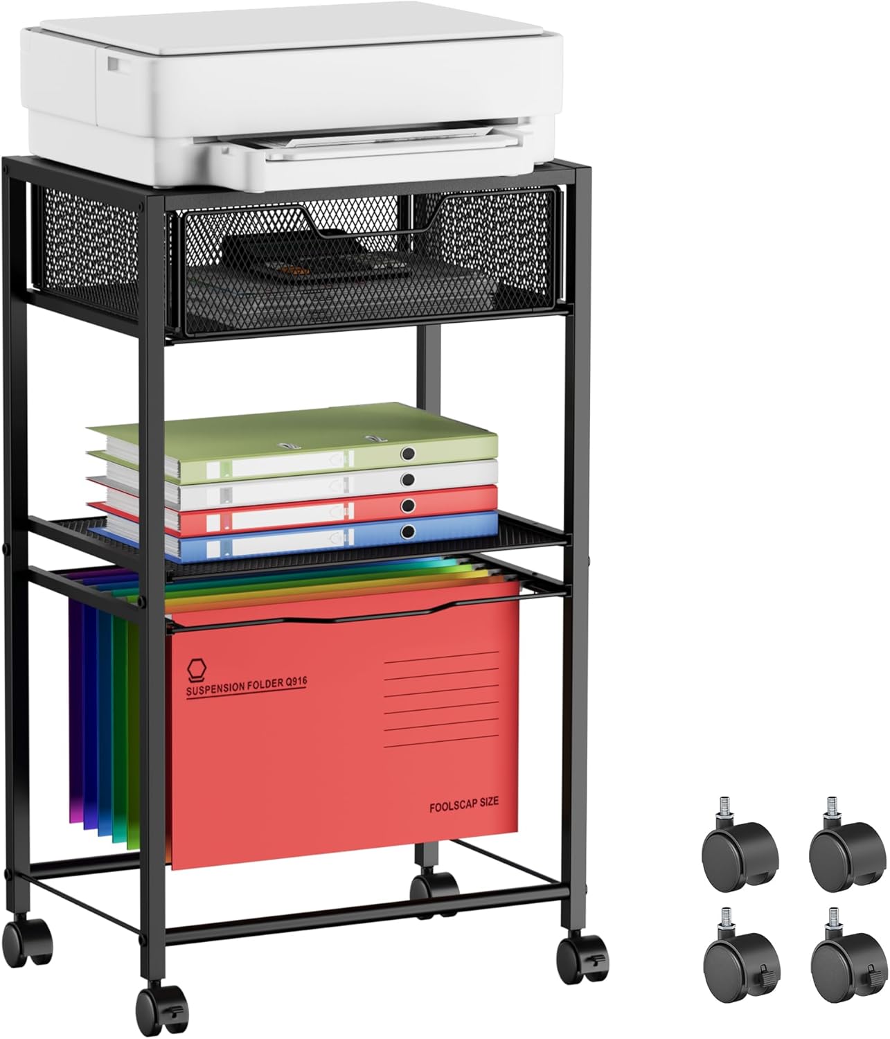 Cawukege Small Printer Stand, Side Table for Printer, Under Desk Storage Organizer, 3 Tier Hanging File with Wheels, for Office, Home, Black