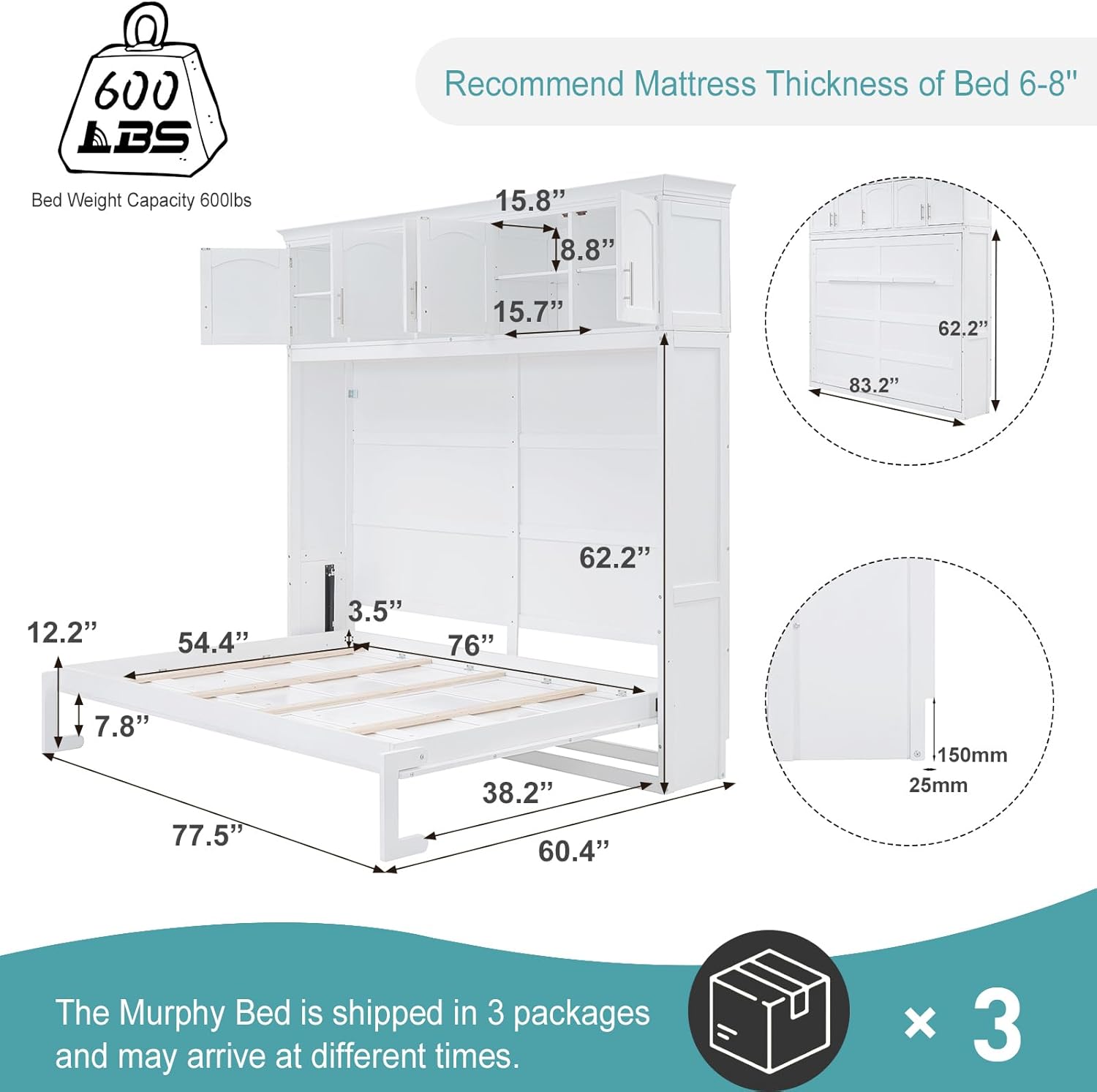 Full Size Murphy Bed,Space-Saving Folding Beds with Top Cabinets,Horizontal Murphy Bed,Full Size Wall Beds for Study Room,Guest Room,Fold into The Wall,White