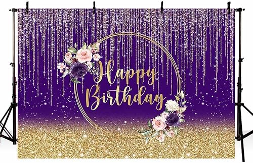 Miniatura 4 de Telón de fondo de cumpleaños dorado morado de 8 x 6 pies para mujer, fondo de fotografía de feliz cumpleaños, purpurina dorada, decoración de fiesta