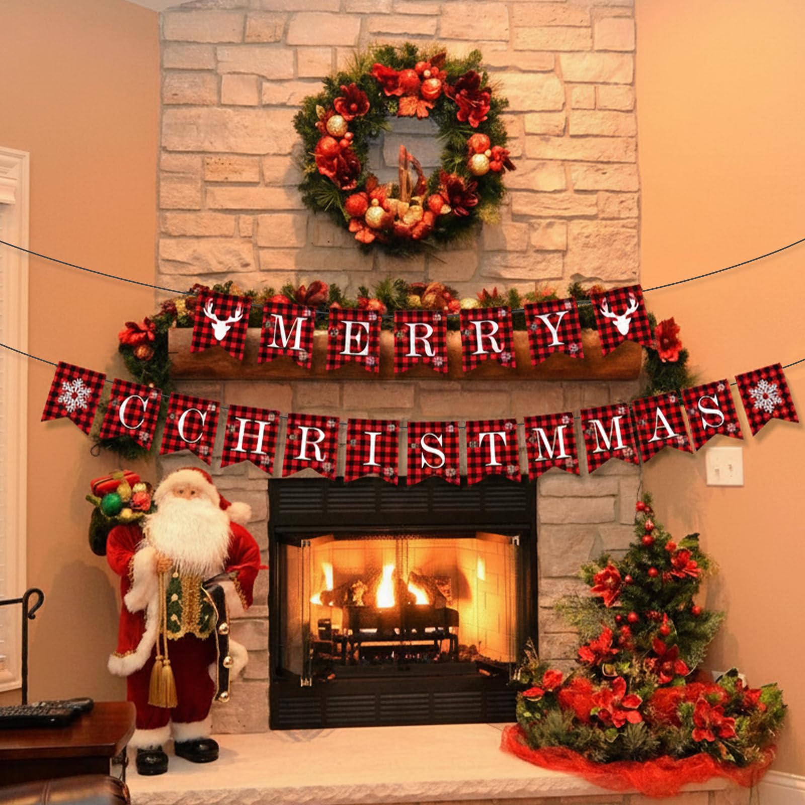 Christmas Bunting Merry Christmas Banner Red Checkered Banner Christma Ceiling Decorations Christma Wall Decorations Indoor Party Decoration Supplies Hanging Decoration 2PCS - Image 4