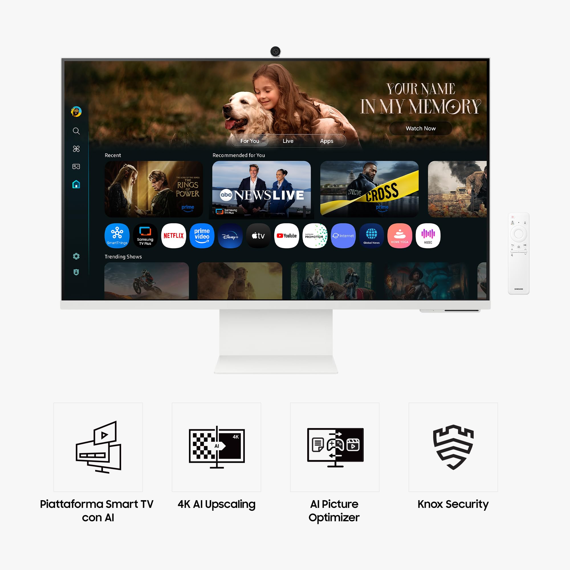 Samsung Smart Monitor M8 (S32FM801), Flat 32'', 3840x2160 (UHD 4K), Smart Hub con AI, Office 365, Gaming Hub, Speaker Integrati, Telecomando, WiFi, HDMI, USB-C