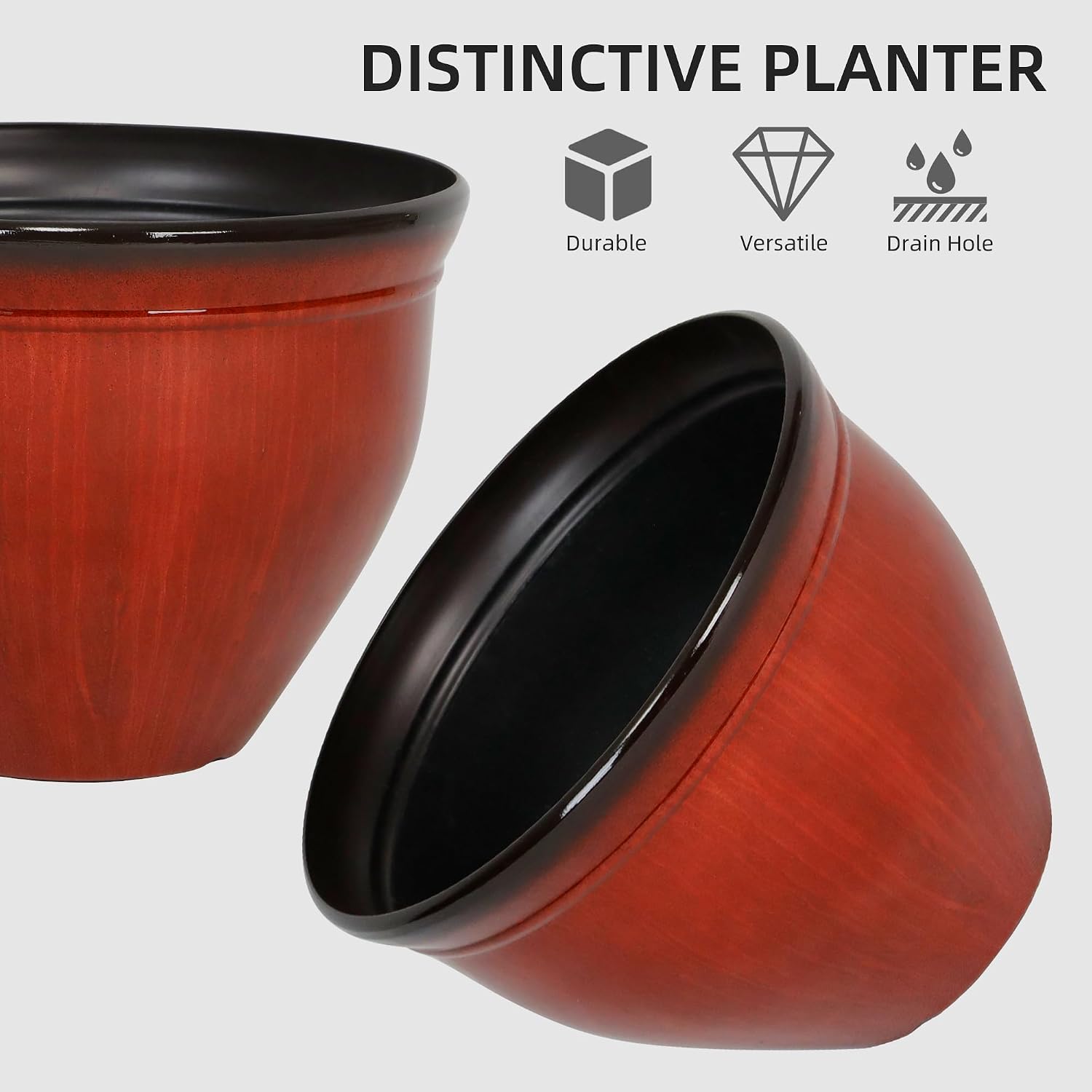 Worth Garden 16-Inch Dia. Large Round Red Plastic Planters with Drain Holes, 13.5-Inch Height - 2-Pack Glossy Finish Bell-Shaped Plant Pot – Lightweight Indoor/Outdoor Flower Pots