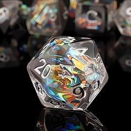 Haxtec Black White DND Dice Set 7PCS Filled Resin Polyhedral D&D Dice W/Iridescent Mylar Inclusion for Roleplaying Games Dungeons and Dragons Gift