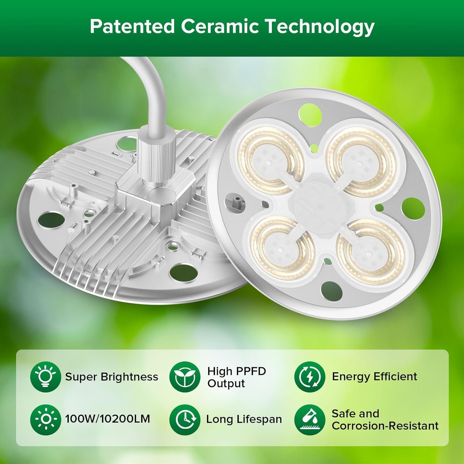 Diagram illustrating SANSI's patented ceramic technology for heat dissipation compared to traditional aluminum heat sinks, highlighting benefits like longer lifespan and higher efficiency.
