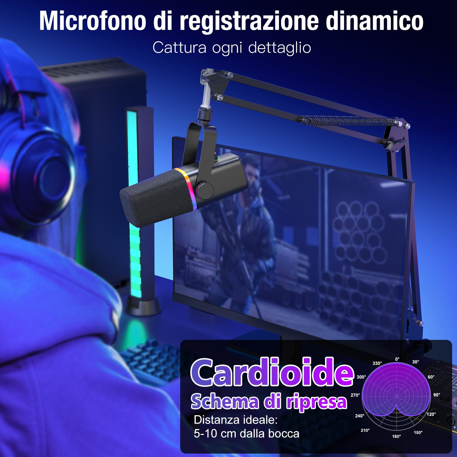 ZealSound Microfono dinamico XLR/USB, microfono per *Phone, Set di microfoni per Telefono PC, microfono con luce RGB, mute, jack per cuffie, supporto con braccio, ASMR/YouTube/Podcast/Streaming/Gaming
