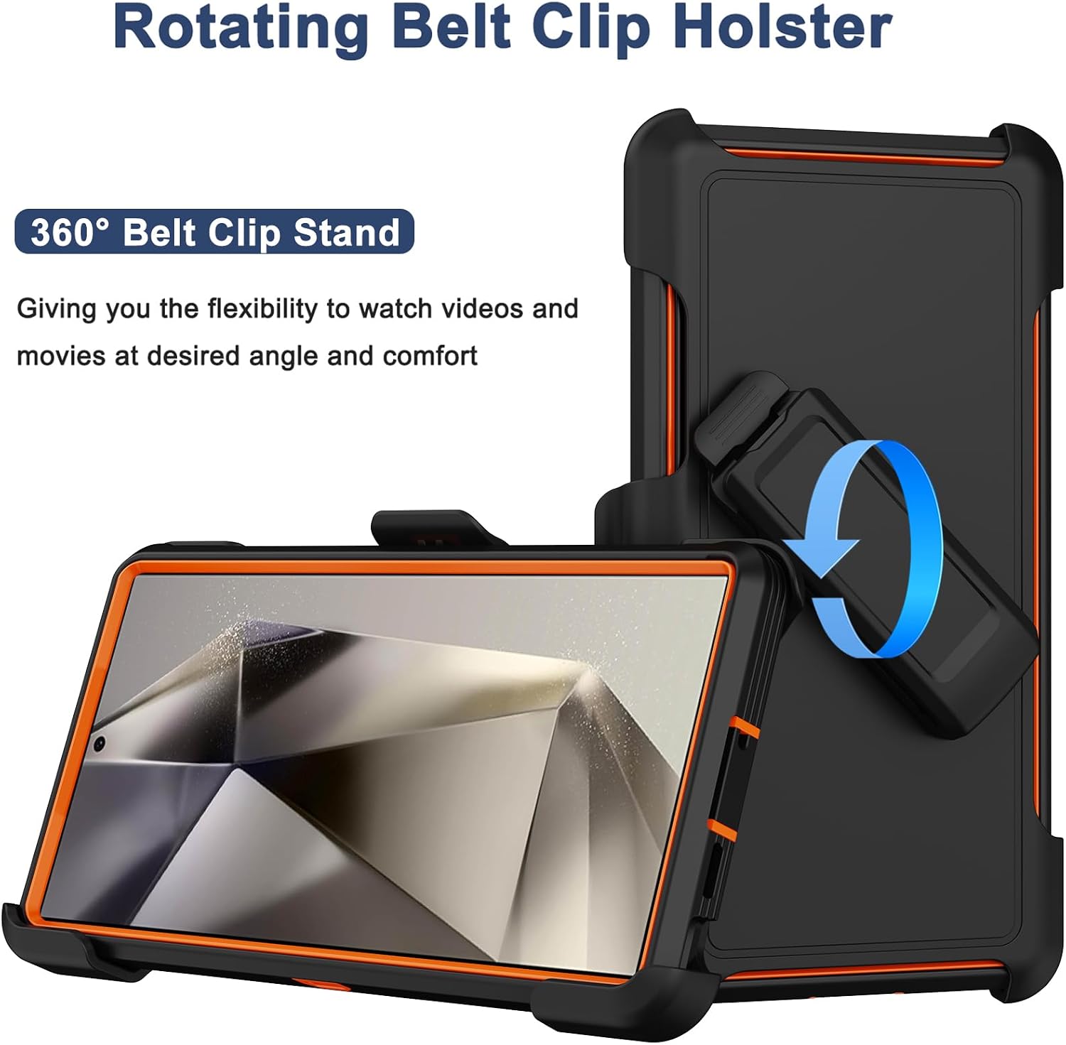 for Samsung Galaxy S24 Ultra Case with 2X Screen Protector, Dual Layer Bumper Cover with Belt Clip Holster & Kickstand, Full Body Heavy Duty Phone Case for Galaxy S24 Ultra 5G (Black/Orange)