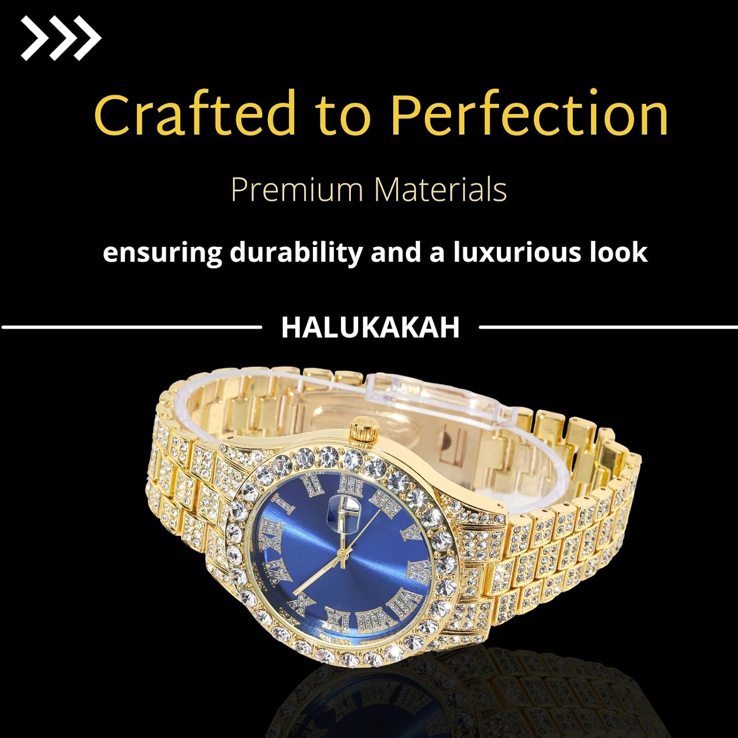 Halukakah Diamonds Watch Iced Out for Boy Teens - 18K Real Gold/Platinum Plated - 42mm Blue/Green/Red Dial - 8" Length - Optional with Cuban Link Chain, with Watch Adjuster Tool - Goldfoil Giftbox