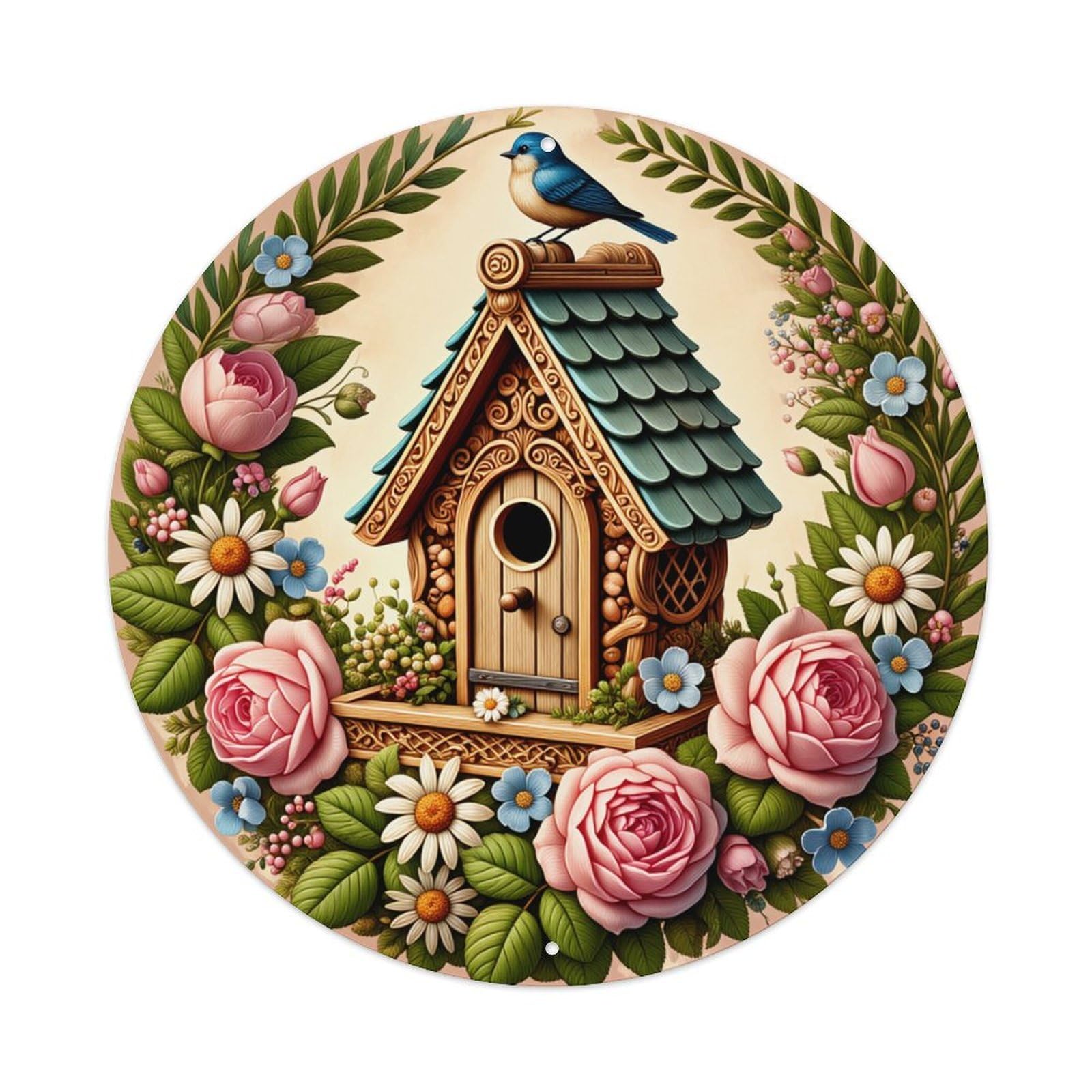 Birdhouse Floral Wreath Garden Art Round Tin Sign Retro Metal Sign for Cafe Bar Pub Home Game Room Gym Club Wall Decoration Vintage Metal Poster 8x8 Inch
