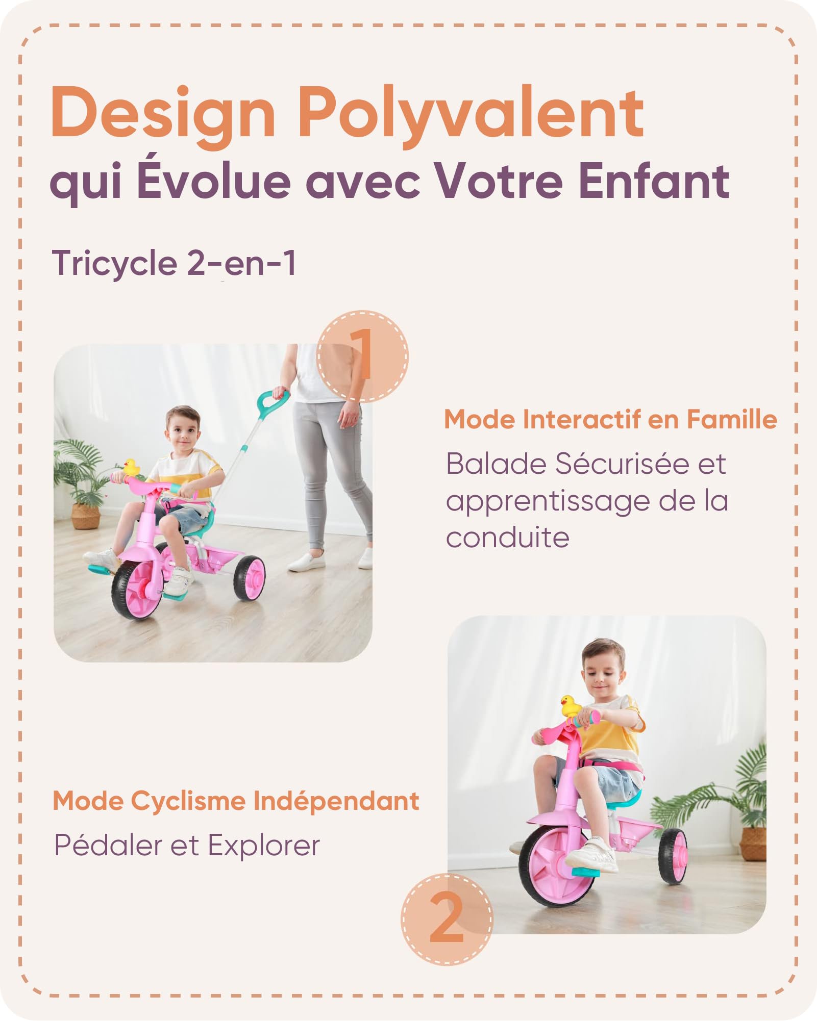 KRIDDO Tricycle 2 en 1 pour Enfants de 18 Mois à 3 Ans, Roues EVA, Cadeau avec Poignée de Poussée et Klaxon en Forme de Canard, Vélo Draisienne, Rose