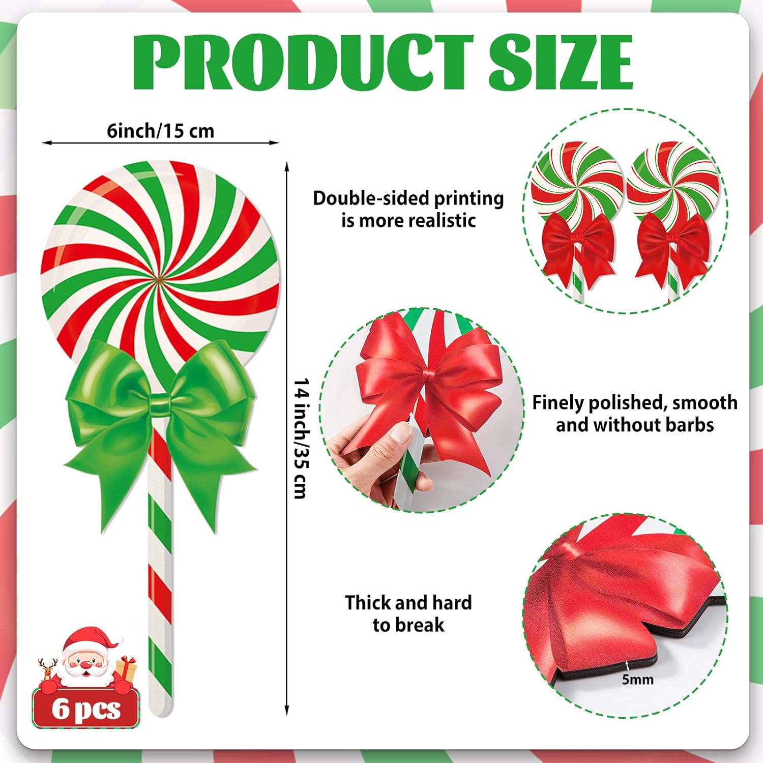 6 Pcs Large Christmas Tree Decorations Wooden Lollipop Peppermint 14x6inch Christmas Tree Picks Double Sided Candy Cane Hanging Ornaments for 2025 Xmas Tree Holiday Home Party Decor (Red and Green) - Image 2