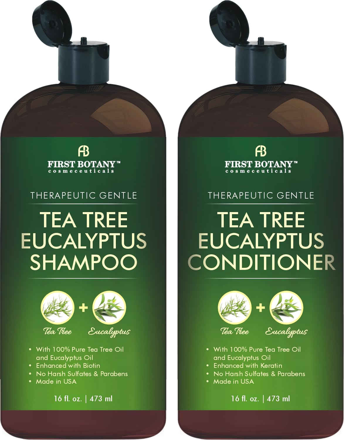 First Botany Tea Tree Mint Shampoo & Conditioner for Men & Women - Pure Tea Tree & Peppermint Oil - Fights Hair Loss, Dandruff, Lice & Itchy Scalp, Promotes Hair Growth - Sulfate Free - 16 Fl Oz x 2