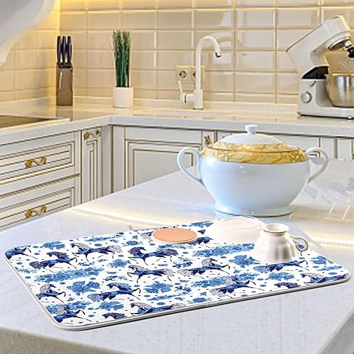 Miniatura 6 de Stylized Blue Horse with Flowers Dish Drying Mat Washnable Absorbent Kitchen Counter Mat Countertop Protector Heat Resistant Tapete Para Cocina 16''