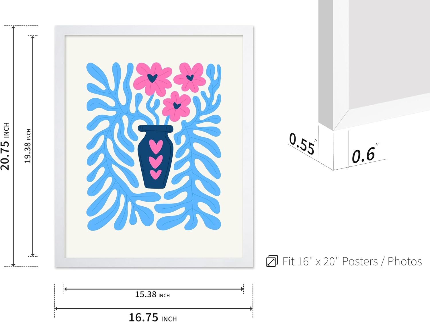 Poster Master Flower Poster - Retro Groovy Vase Of Flowers Print - Trendy Art - Floral Design - Abstract & Modern Design - Chic Boho Decor - Aesthetic Office or Living Room Decor - 16x20 White Framed
