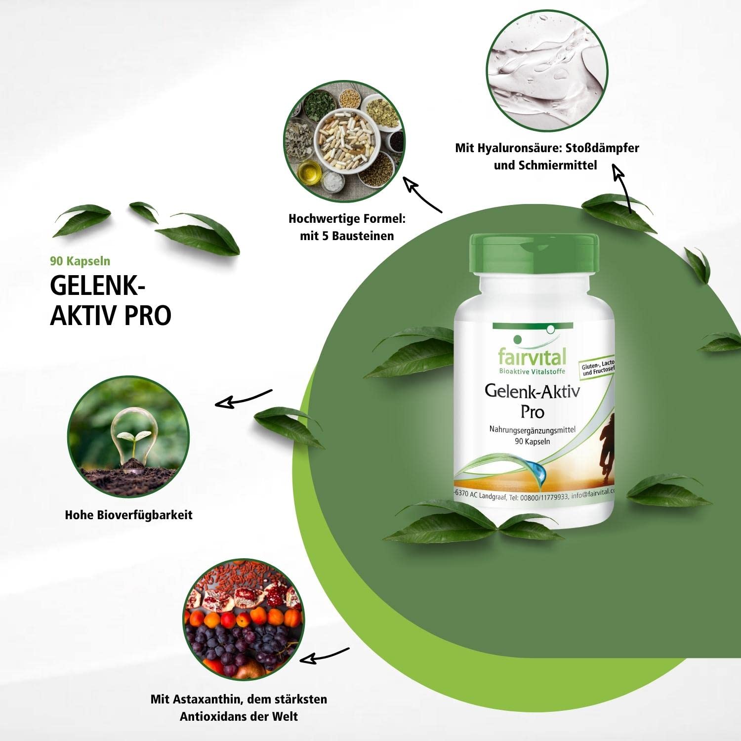 fairvital Gelenk-Aktiv Pro, 90 Kapseln, Glucosamin 1200 mg pro Tagesdosis mit Chondrotinsulfat + MSM + Hyaluronsäure + Astaxanthin, HOCHDOSIERT