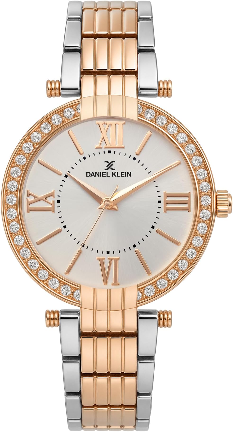 Analog White Round Dial Two Tone Silver Rose Gold Metal Strap Stone-Studded Water-Resistant Wrist Watch for Women Girls, Ladies DK11138-5