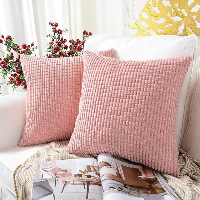 MERNETTE Pack of 2, Corduroy Soft Decorative Square Throw Pillow Cover Cushion Covers Pillowcase, Home Decor Decorations For Sofa Couch Bed Chair 18x18 Inch/45x45 cm (Granules Soft Pink)