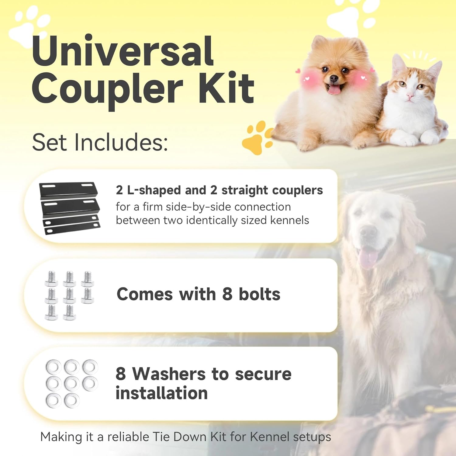 4 Pack Coupler Kit for Kennel, Tie Down Kit For Medium, Intermediate, Large Kennels, Fit for Gen 2 Only (Not Applicable to X-Large Size), With Bolts and Washers, Compatible with Ruffland Kennel