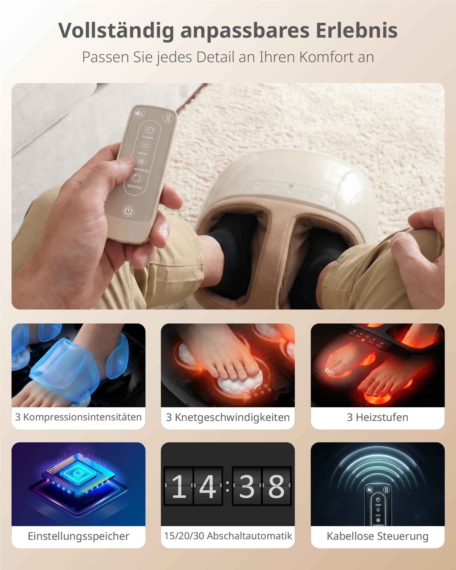 ibreo Shiatsu Fußmassagegerät mit Wärme & 360° Luftdruck – Elektrische Fußmassage mit Rollen & Knetfunktion für Entspannung & müde Füße – für Damen, Herren & Senioren bis Größe 47
