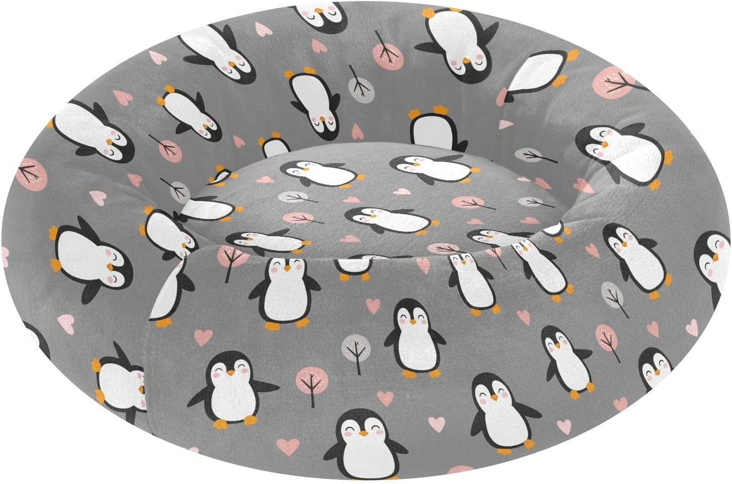 Cartoon Penguin Gray Pattern Dog Bed Round Donut Washable Puppy Cat Bed Small Pet Medium Dog Beds Mat for Pets Supplies with Washable Cover,M