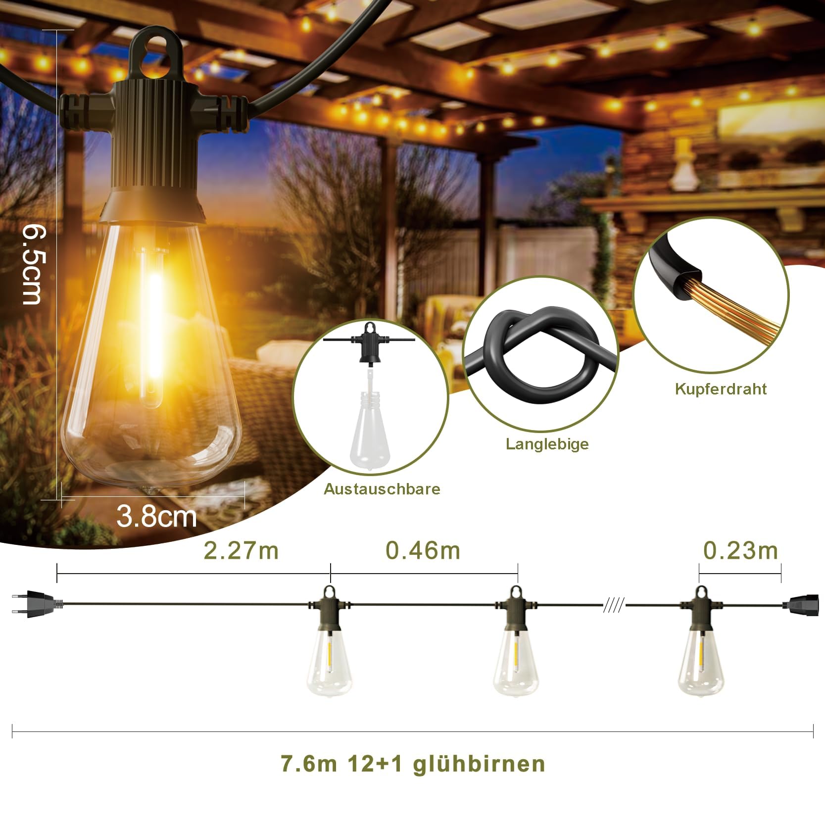 Kawaya Lichterkette Außen 30M Wasserdicht IP65, 50+2 ST38 Birnen | Lichterkette Glühbirnen LED, Lichterkette Garten Deko für Terrasse, Bäume, Hochzeit, Party, Festival, 2700K Warmweiß