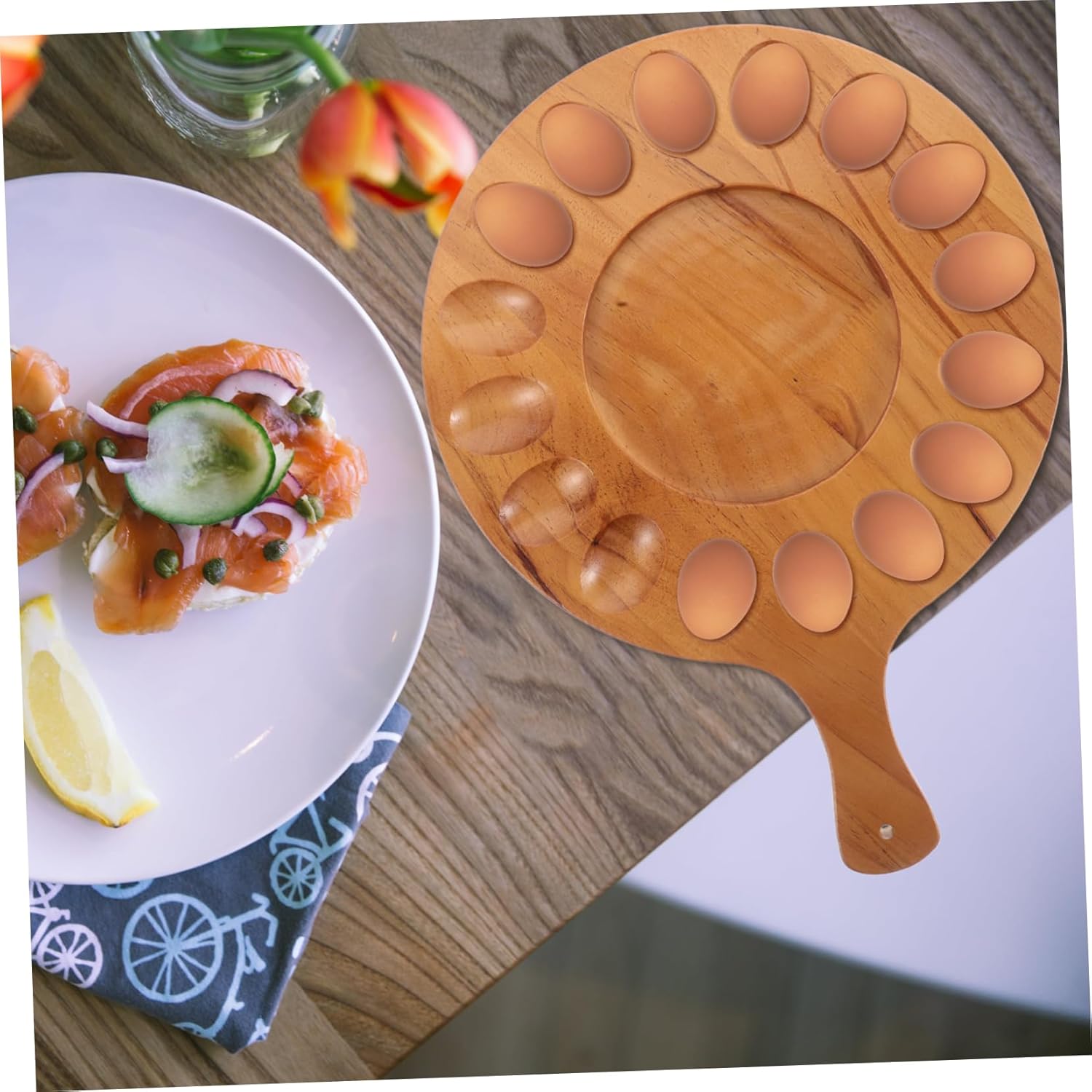 Reversible Wooden Platter and Organizer for Refrigerator Elegant Multi-compartment Design for Deviled Eggs and Creative Displays Kitchen Accessory