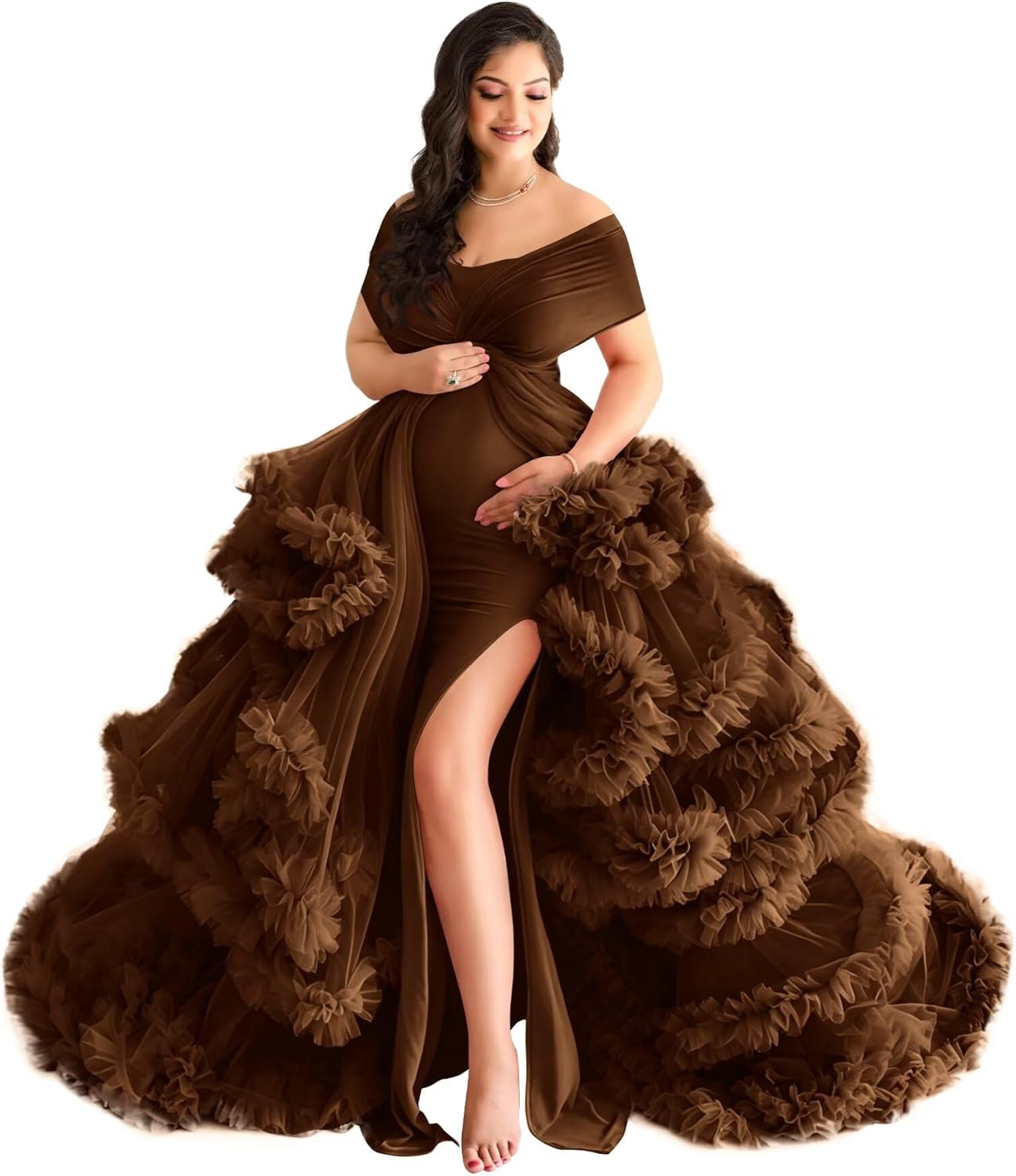Tulle Satin Maternity Dress for Photoshoot Puffy Ruffles Two Piece Pregnancy Lingerie Bathgown Baby Shower Gowns
