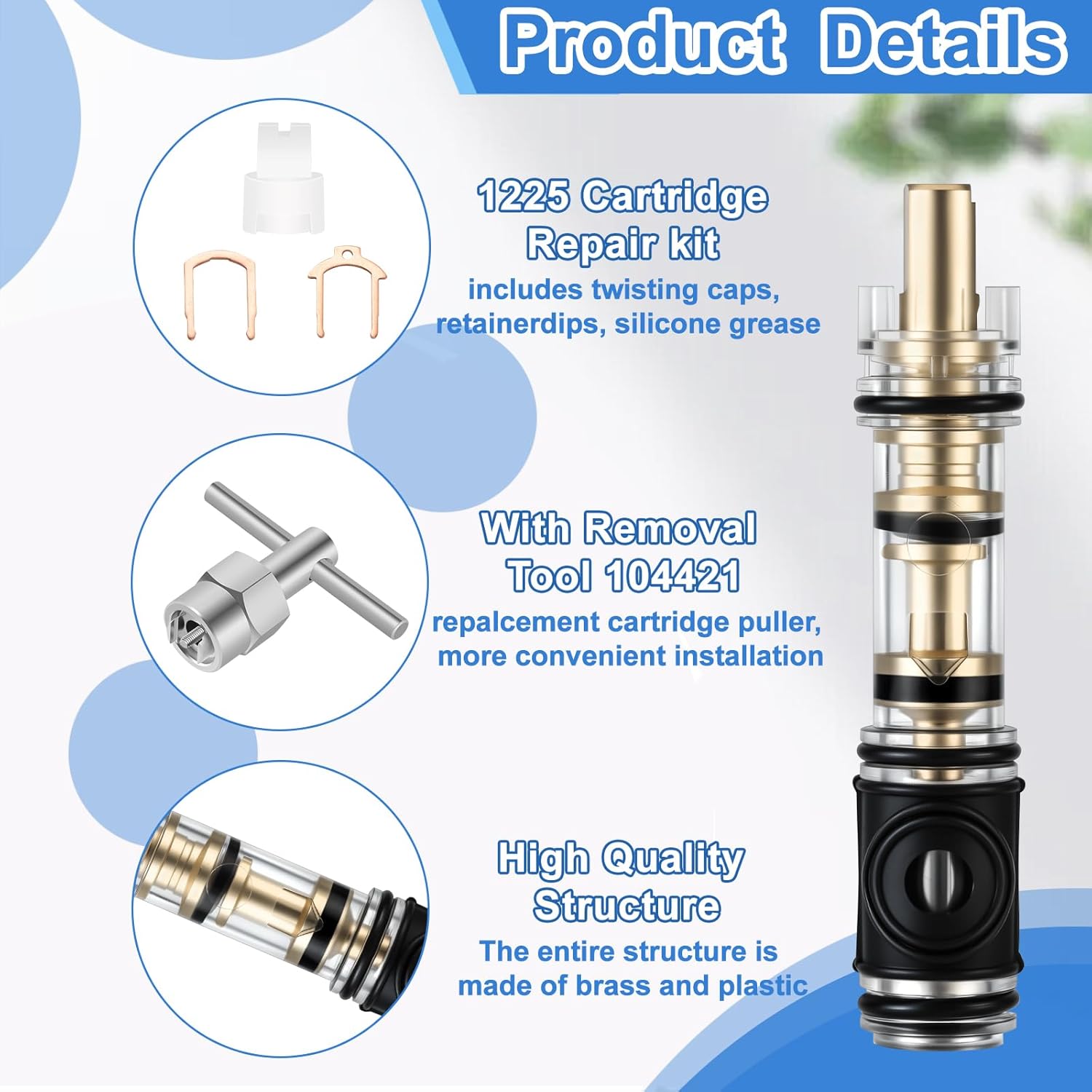 8 Pack Dual Seal 1225 Replacement Cartridge With 104421 Cartridge Removal Tool, for Moen 1225 1225B, One Handle Bathroom Faucet Cartridge, for Single Handle Faucet/Showers, Brass