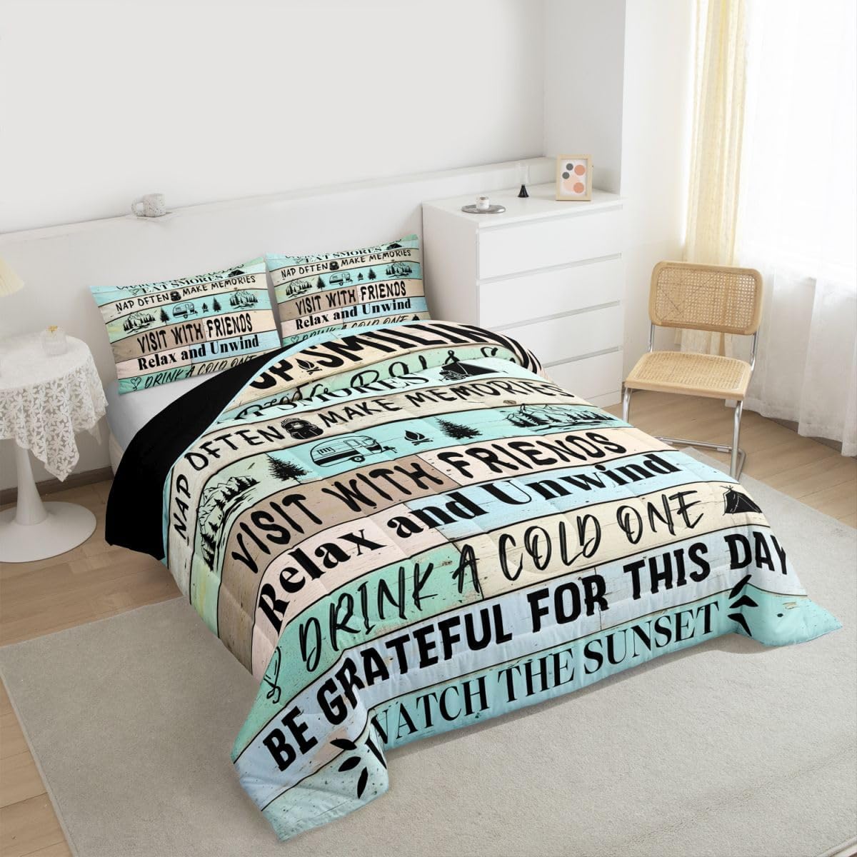 Erosebridal Camping Rules Comforter Set Queen Size, Camper Decor Bedding Set for Travel Trailers, Rustic Farmhouse Bedding Comforter Sets Vintage Wooden Plank Duvet Insert with 2 Pillow Cases