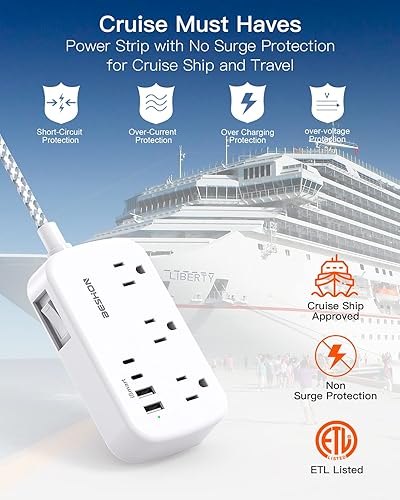 Miniatura 6 de BESHON - Cable de extensión plano de 15 pies, tira de alimentación de enchufe plano con USB C, cable de extensión de enchufe plano ultrafino, 6