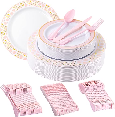 Morejoy 125 platos de plástico de Pascua, platos rosa y dorado, platos desechables incluyen 25 platos de cena, 25 platos de ensalada, 25 cuchillos,