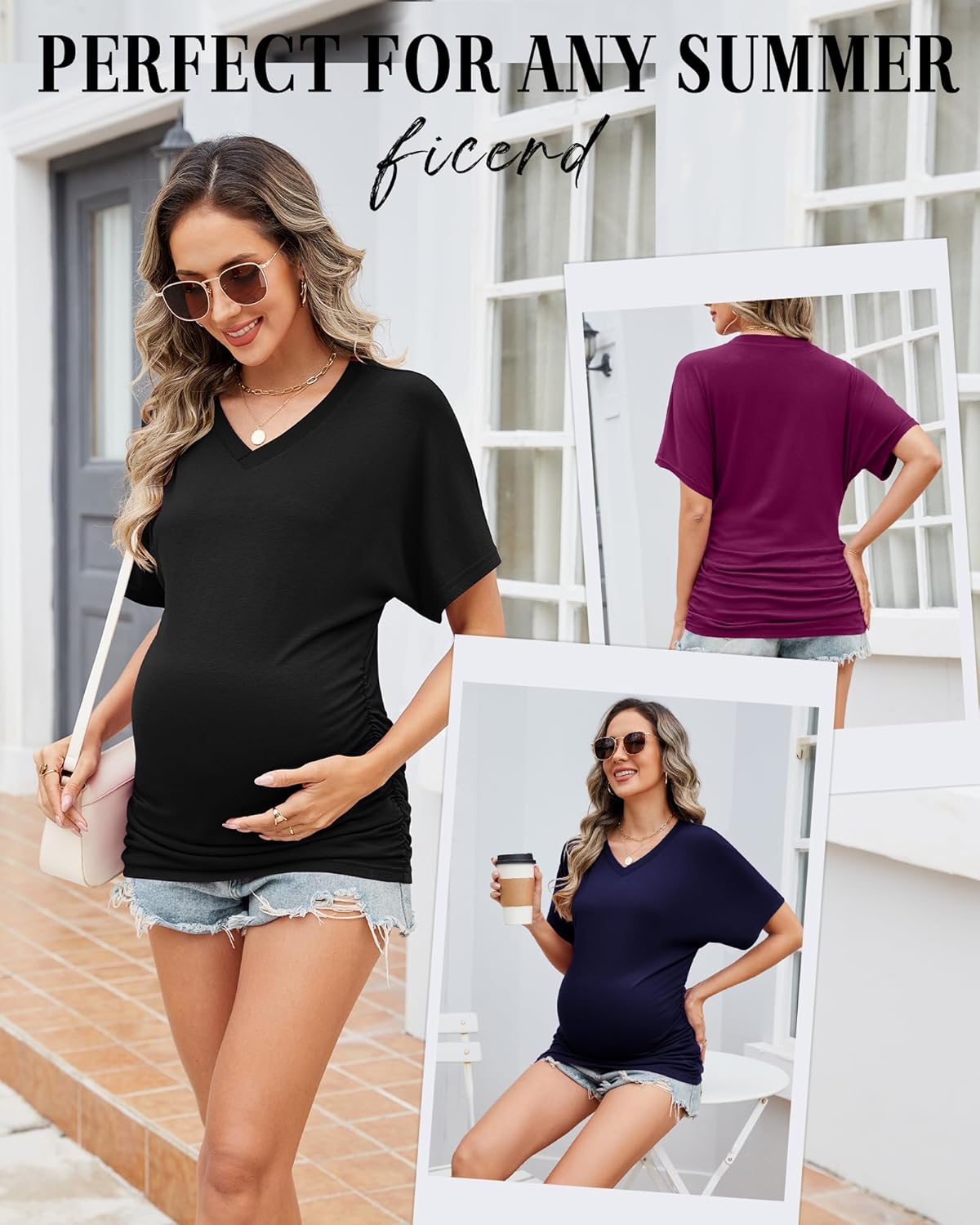 Ficerd 3 Packs Womens Maternity Shirts V Neck Dolman Short Sleeve Loose Side Ruched Tunic Tops Pregnancy Clothes - Image 6