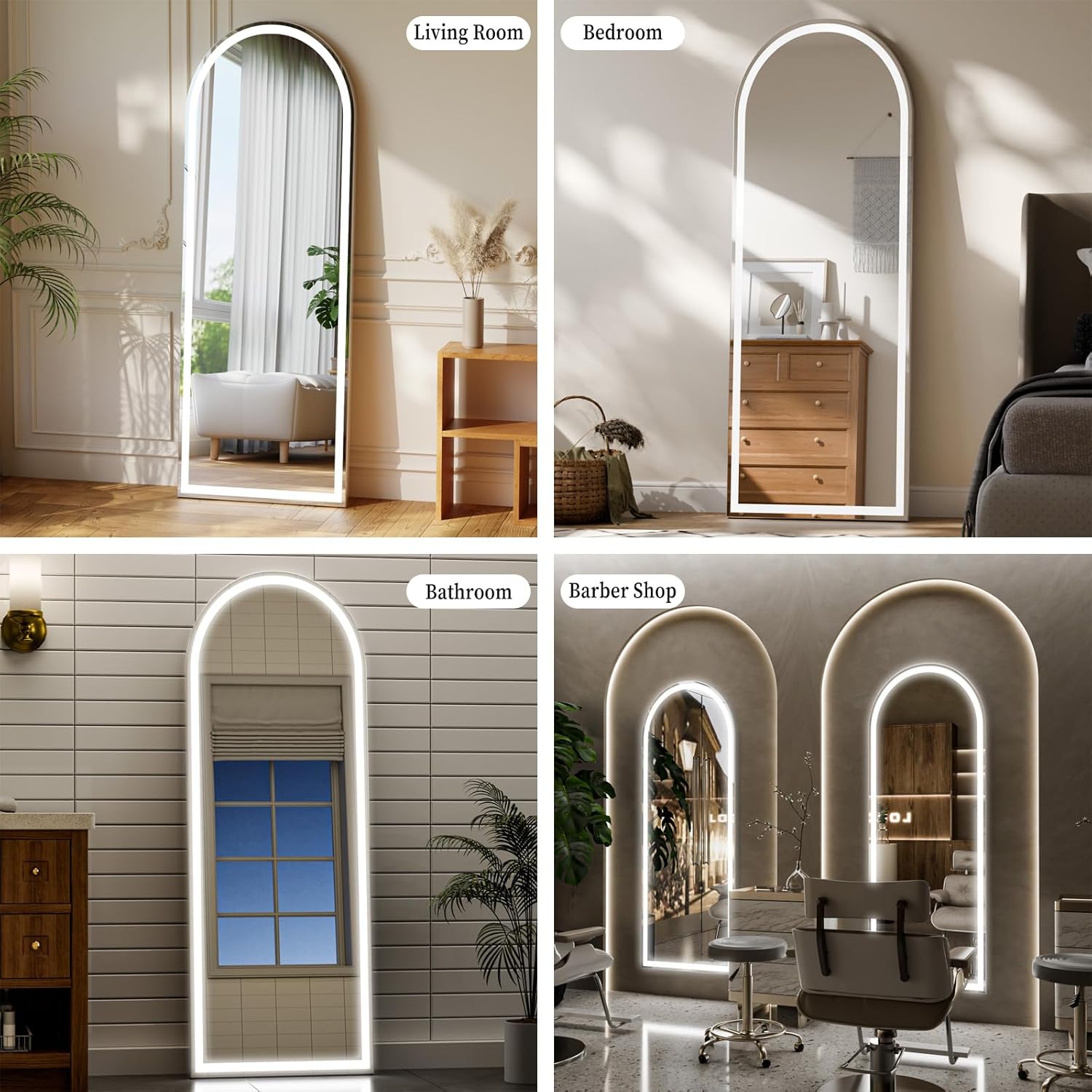 LED Arched Full Length Mirror with Lights 65"x24" - Lighted Floor Mirror with Dimming & 3 Color Lighting, Aluminum Frame Standing Leaning or Hanging for Bedroom Cloakroom White