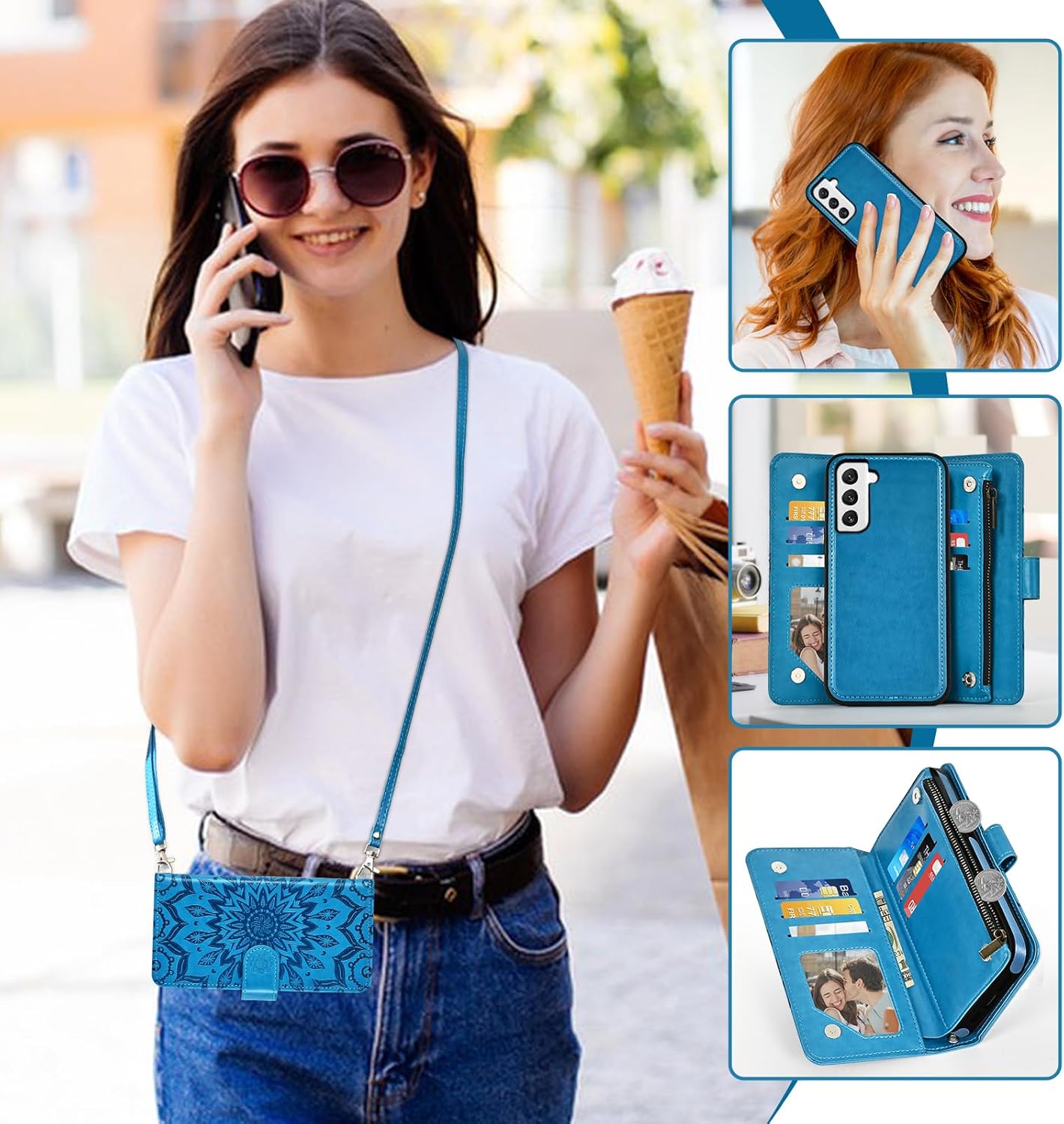 Asuwish Phone Case for Samsung Galaxy S22 5G Zipper Wallet Magnetic Detachable Cell Cover with Screen Protector Crossbody Lanyard Strap Flower Flip Card Holder Slot S 22 4G G5 6.1 inch Women Men Blue