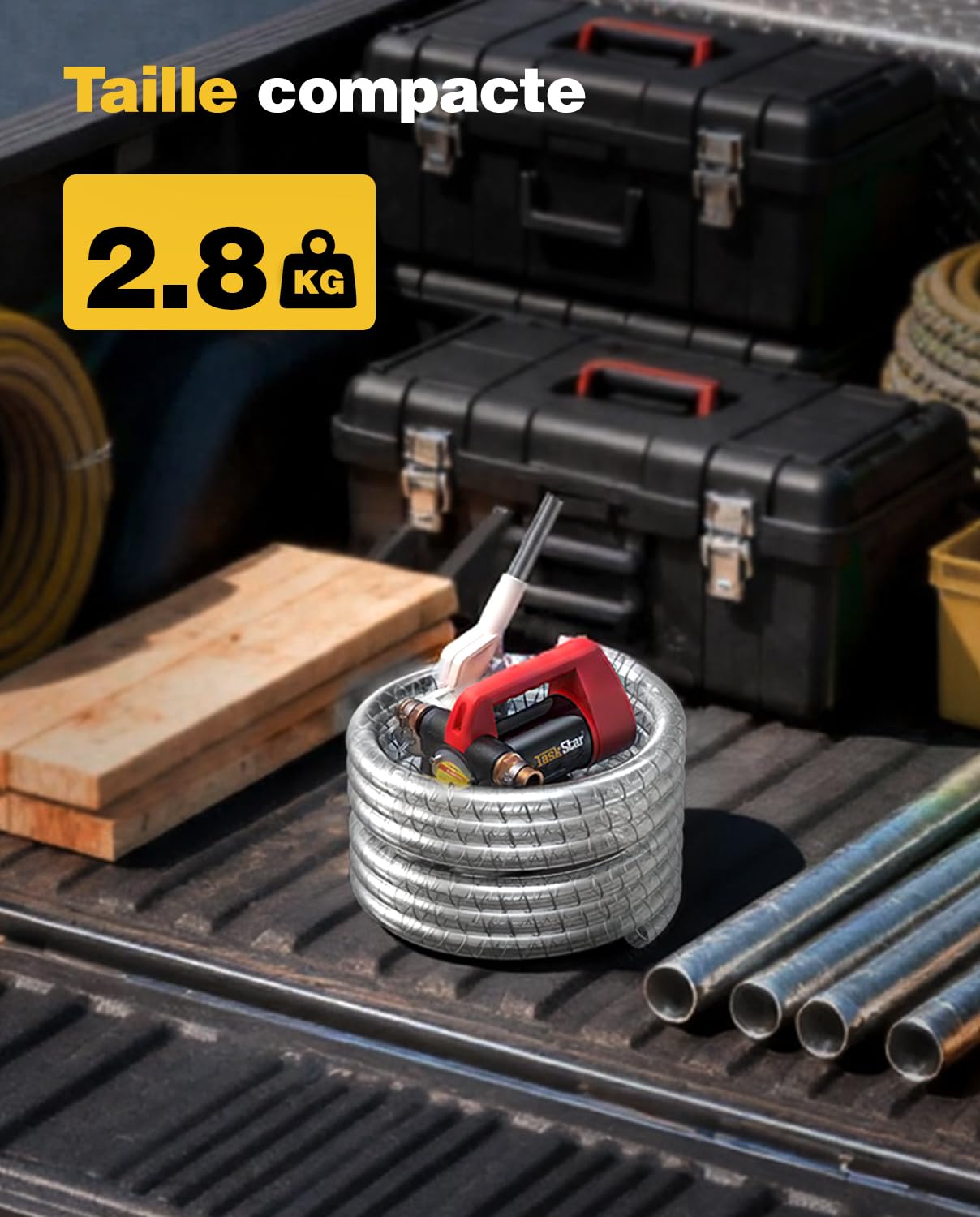 TaskStar Pompe à Gasoil 12V: Débit 50 L/min, Pompe Électrique Portable avec Pistolet, Filtre et Tuyaux pour Diesel, Biodiesel, Kérosène et Fioul – Pour Maison, Ferme et Chantier