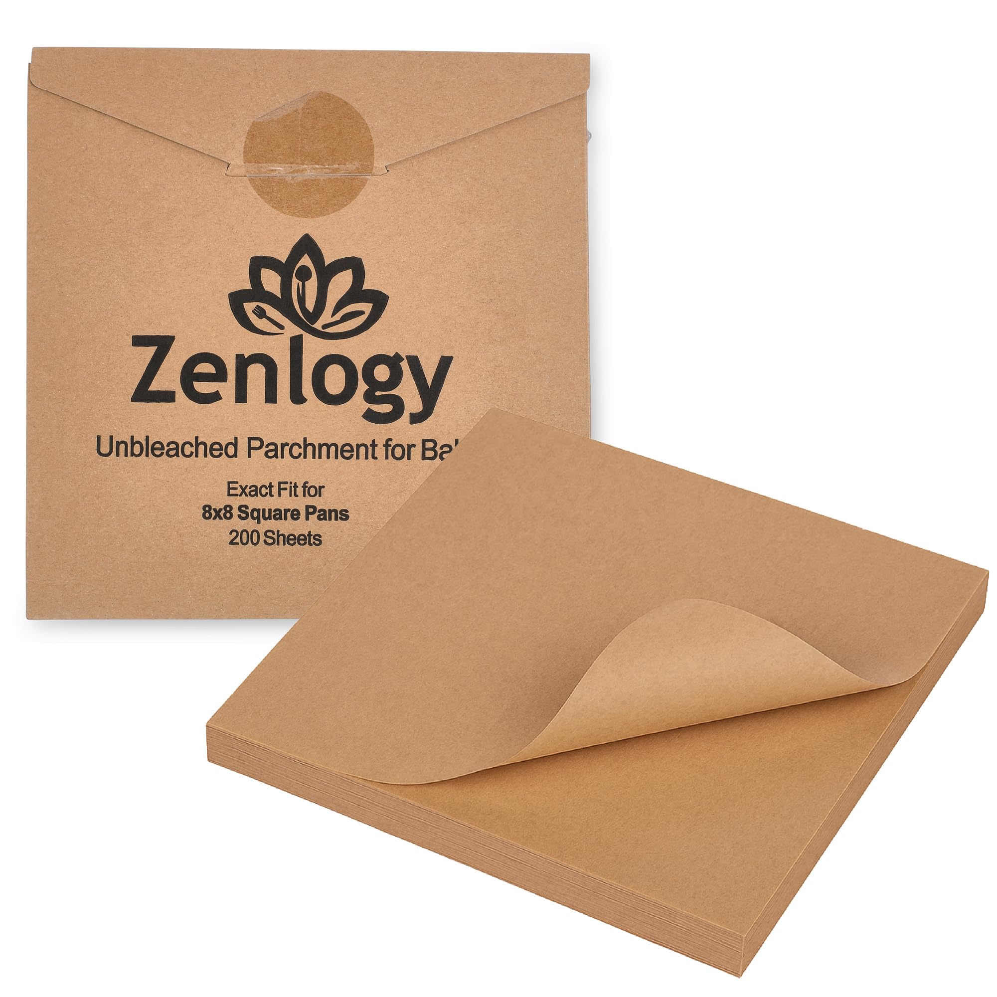 Zenlogy 8x8 Parchment Squares (200 sheets) - Unbleached, Non-stick, Pre-cut Parchment Paper - Fits 8x8 Brownie Square Pans and Toaster Oven Trays, and Air Fryer - Great for Wraps, Baking, Roasting