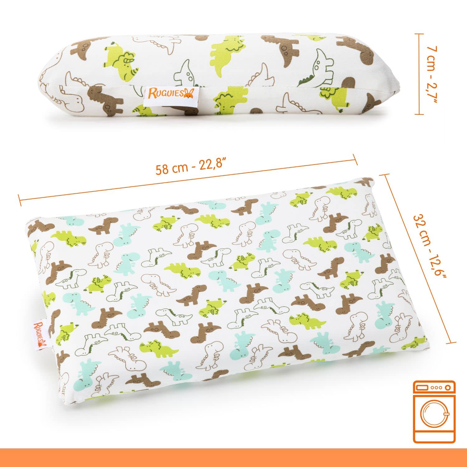 RUGUIES- Cuscino viscoelastico per bambini e neonati, ipoallergenico e traspirante- Cuscino per bambini- Rivestimento lavabile in 100% cotone-OEKO-TEX- Da 1 a 10 anni XL (58x32x 5 o 7cm).