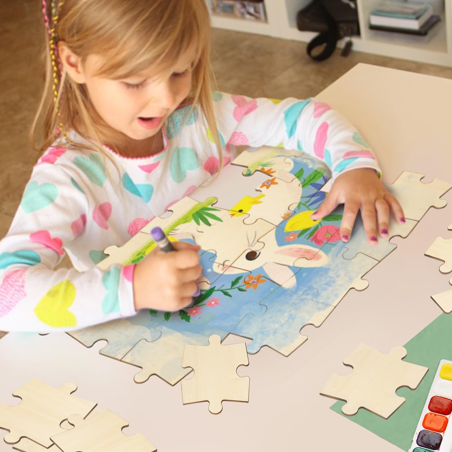 50 Piece Blank Wooden Puzzle Jumbo Size, Each Piece is 4x3.2 Inches to Draw on, Unfinished Freeform Large Jigsaw Puzzles for Arts & Crafts, Natural Wood Puzzle Pieces for DIY