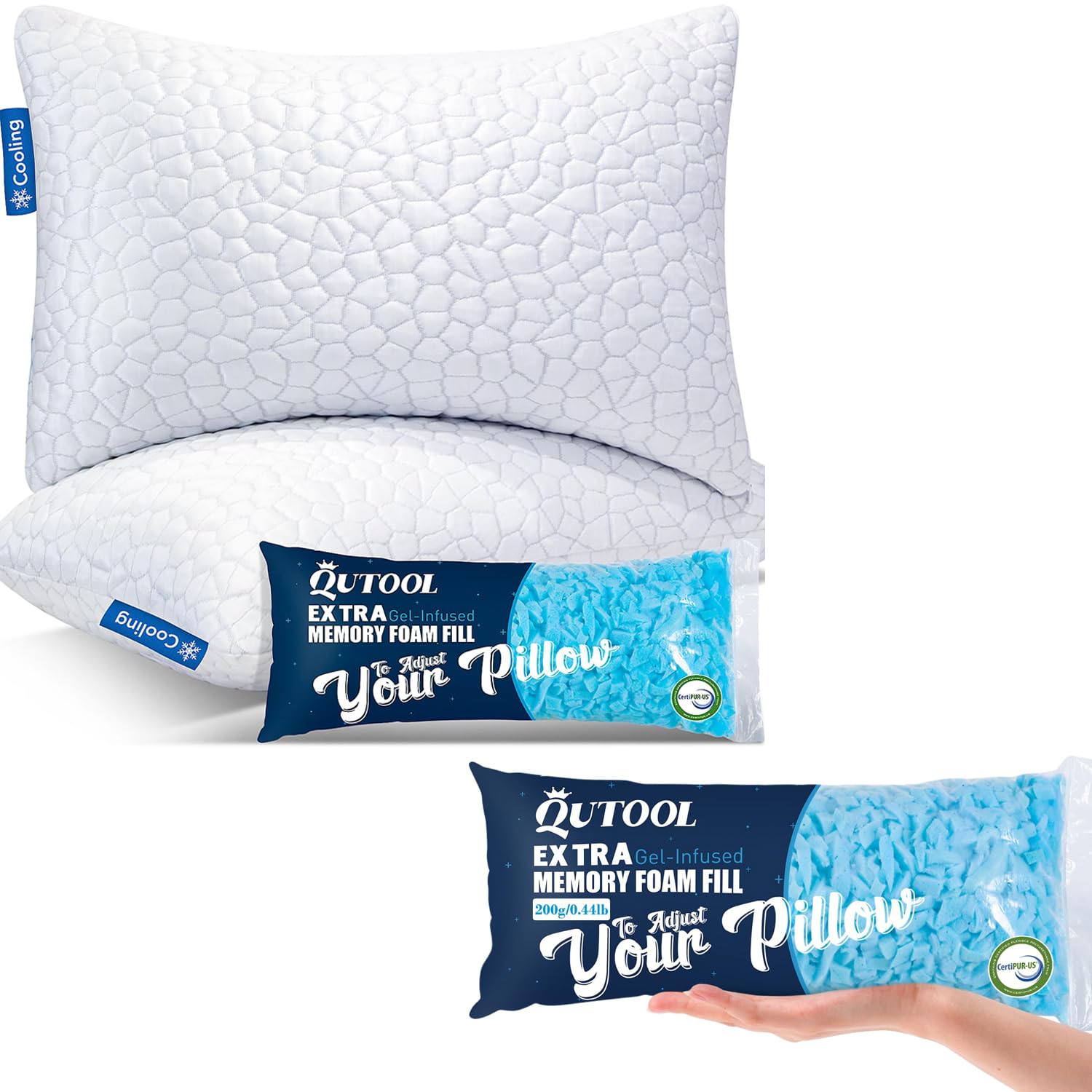 QUTOOL Cooling Pillows for Sleeping & Shredded Memory Foam Filling for Pillows Foam 1pack