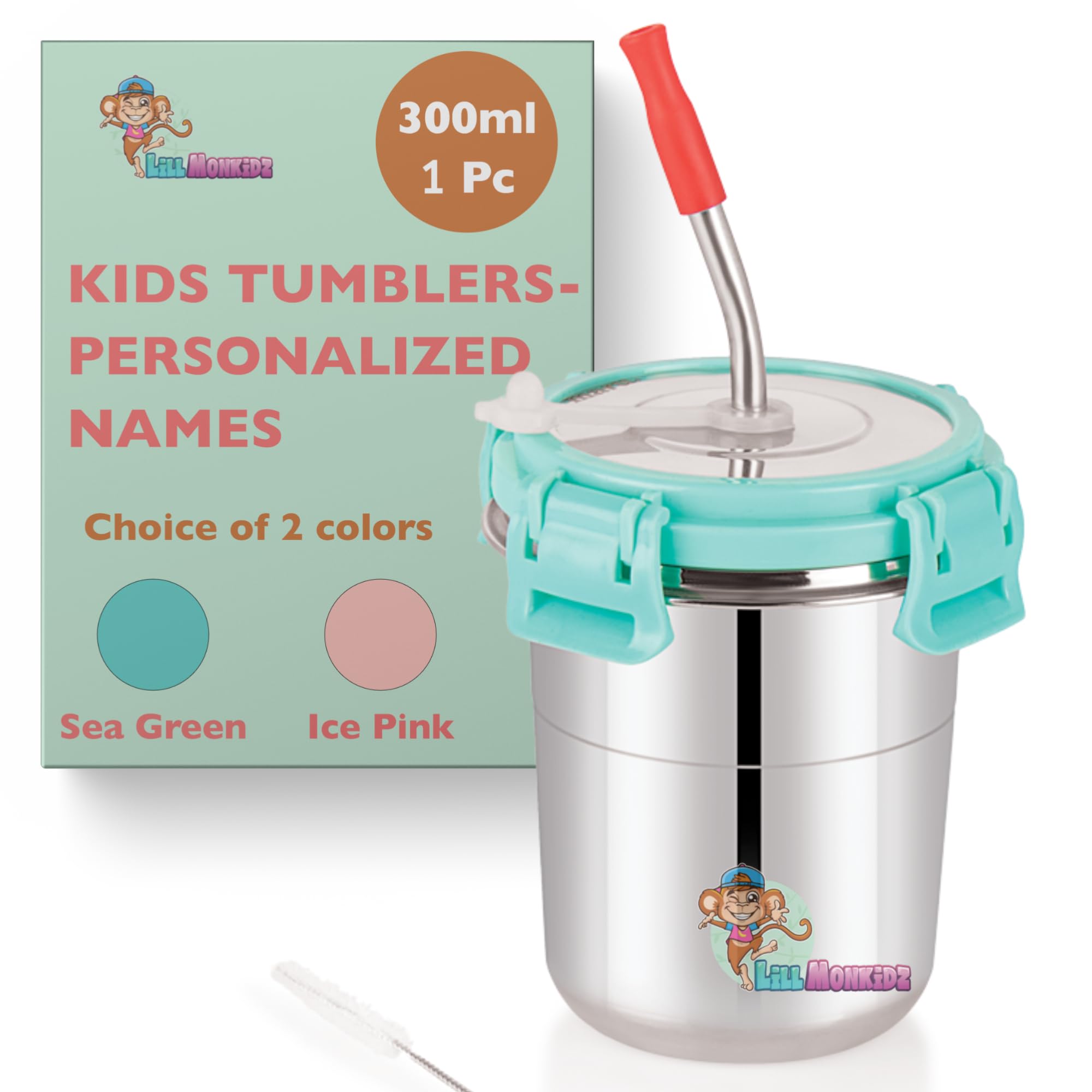 LiLLMONKiDZ Stainless Steel Tumbler for Kids | Tumbler Glass with Straw for Kids | Steel Tumbler with Lid, Straw, Cleaning Brush and Silicon | (Sea Green, 300ml) (Personalized with Name 1 Pc)-image-27