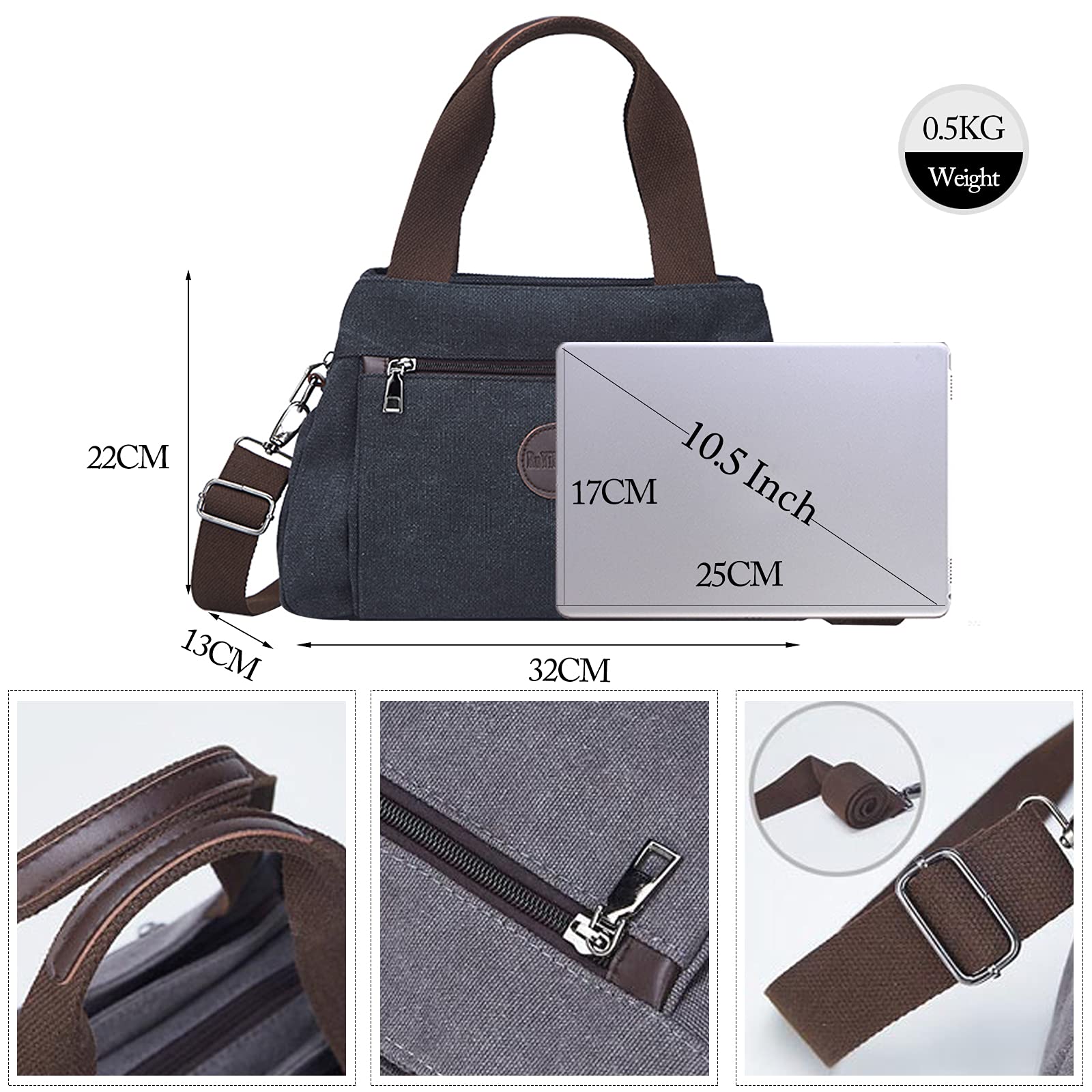 FANDARE Donna Borsa Tracolla Tela Borsa a Mano Borsa Spalla Borse e Messenger per 10.5 Pollice Tablet Borse Tote da donna Grande Shopping Viaggio Partito Work Pochette Crossbody Bag Black